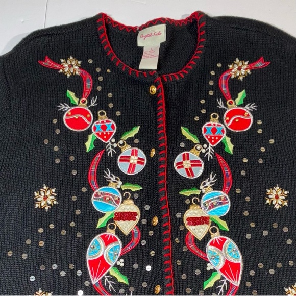 Vintage Christmas Cardigan L Sweater Crystal Kobe Black Embroidery Sequins Beads - Picture 2 of 8